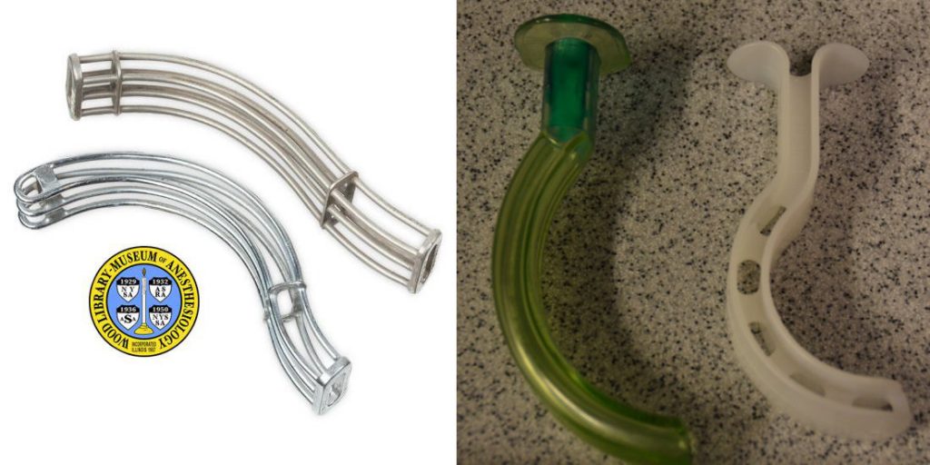 The first OPA was made of metal (left) and was introduced in 1912 by Dr. Joseph Lombard. The Guedel rubber OPA (center) was introduced in 1933. The plastic Berman oral airway (right) was introduced in 1952. Photos courtesy Wood Library-Museum of Anesthesiology and Joseph Hopple