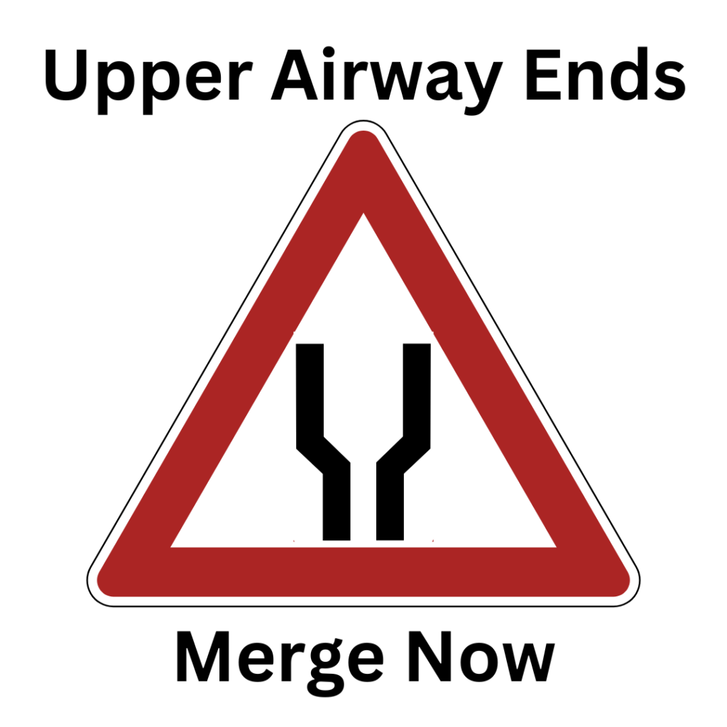 A yield sign that reads "Upper airway ends soon, merge soon."