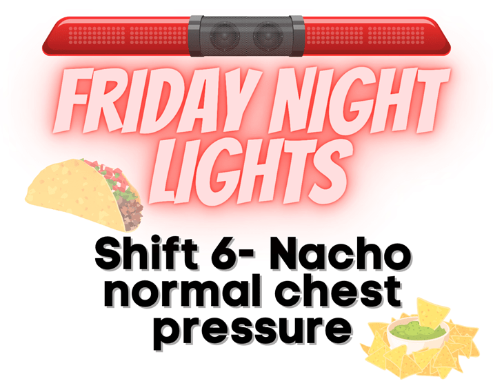 The title "Fright Night Lights: Shift 6 – Nacho Normal Chest Pressure" with a picture of a taco and a bowl of chips a guac.