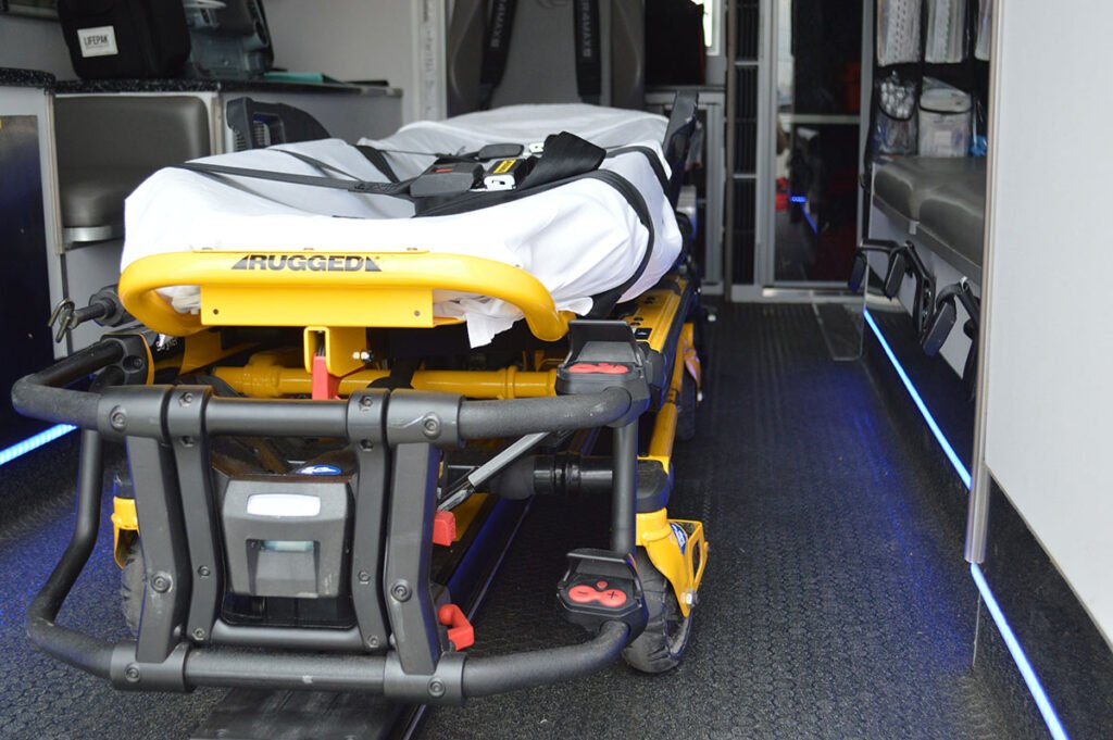 The inside of an ambulance.