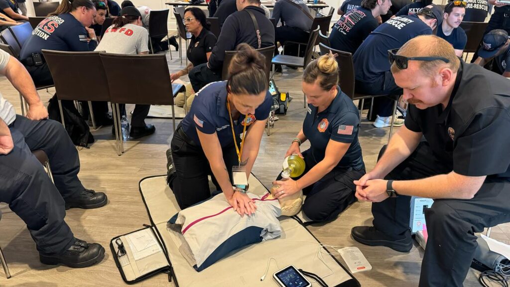 EMS providers train on CPR.